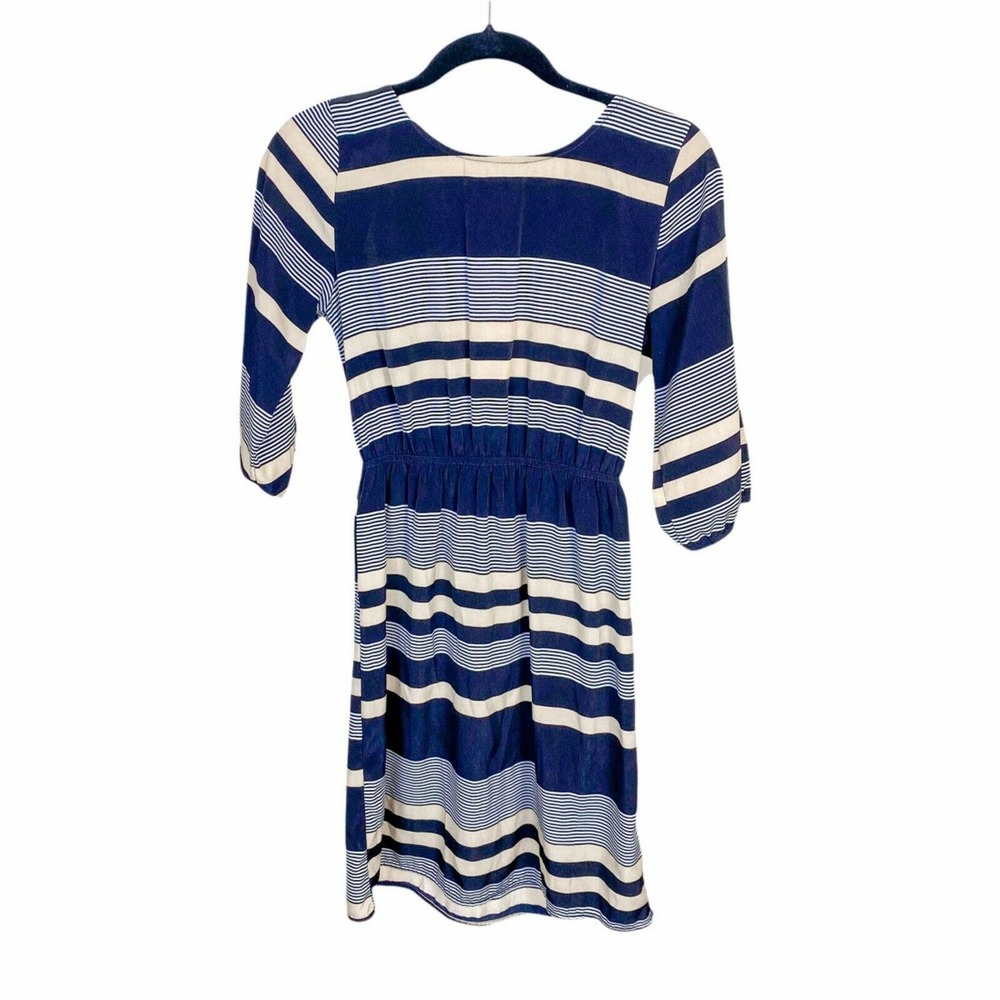 Anthropologie Needle & Thread Dress Blue Long Sleeve Gold Stripes - Picture 3 of 12